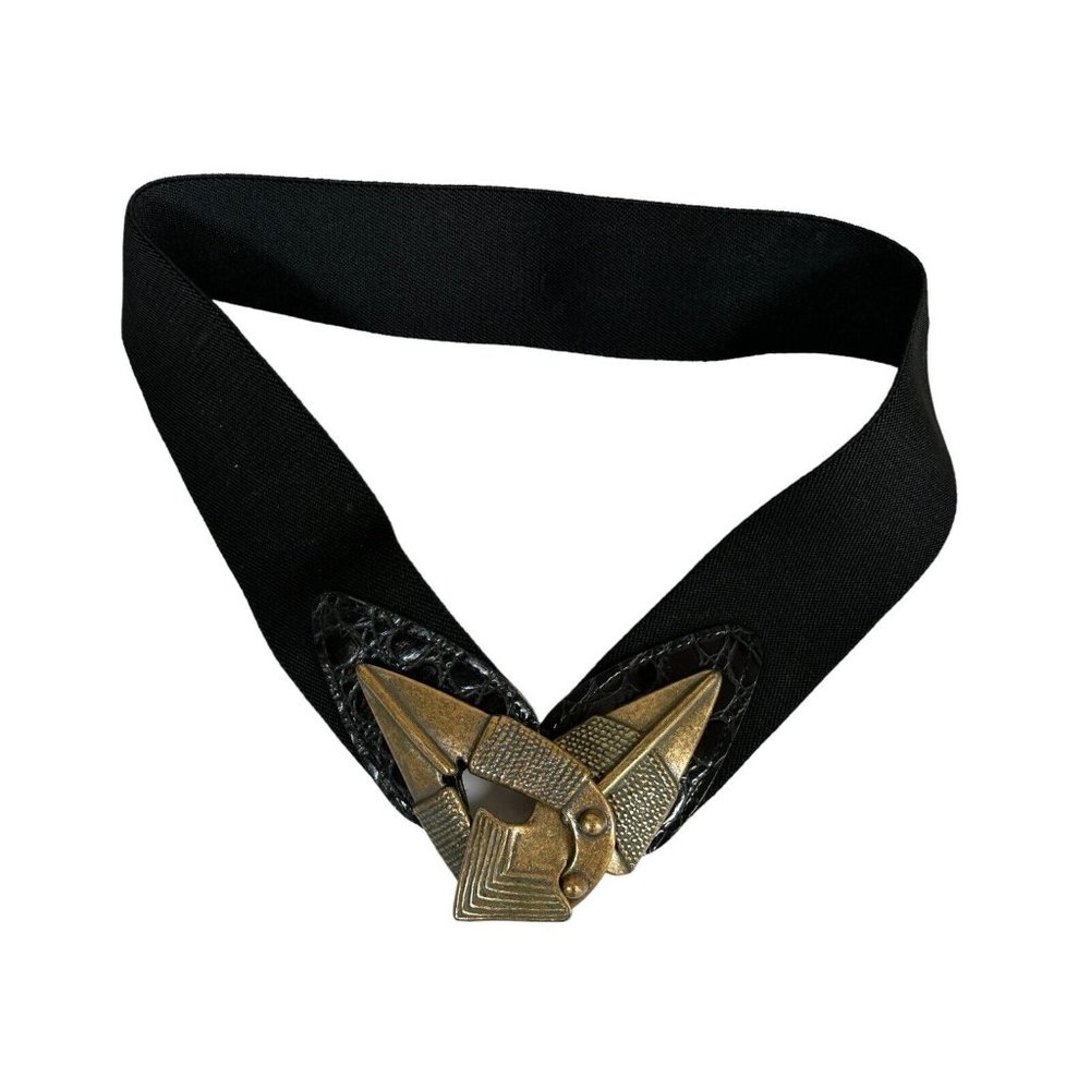 Vintage Womens Waist Belt Metal Statement Medium Gold Black Brutalist 90s